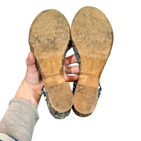 Tabitha Simmons Calla Blue & Ecru Floral Printed Leather Platform Heels Sandals - Picture 11 of 12